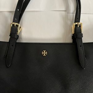 Tory Burch Small openTop Saffiano Leather Tote Bag In black.